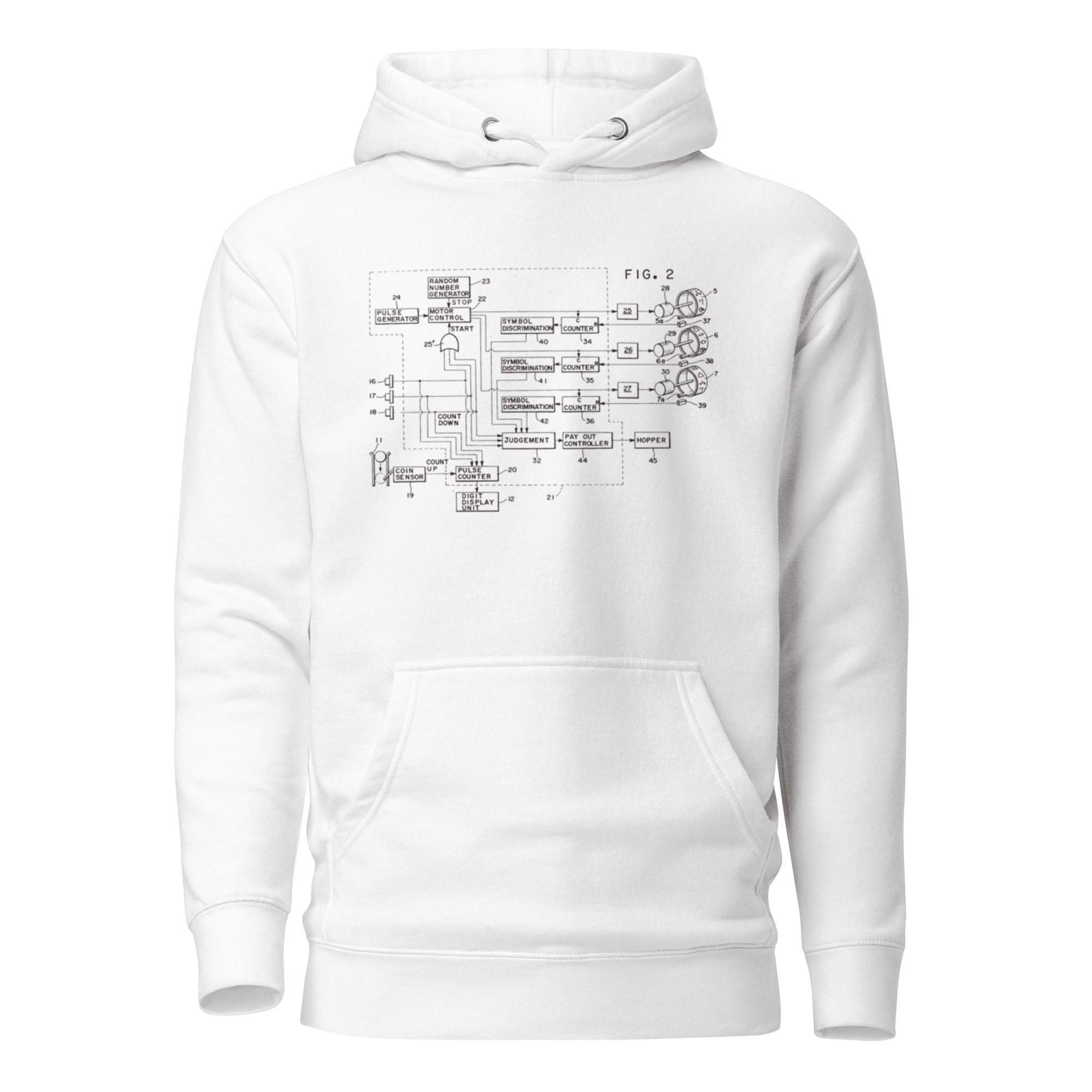 White hoodie with vintage slot machine schematic diagram, perfect for casino enthusiasts and tech lovers