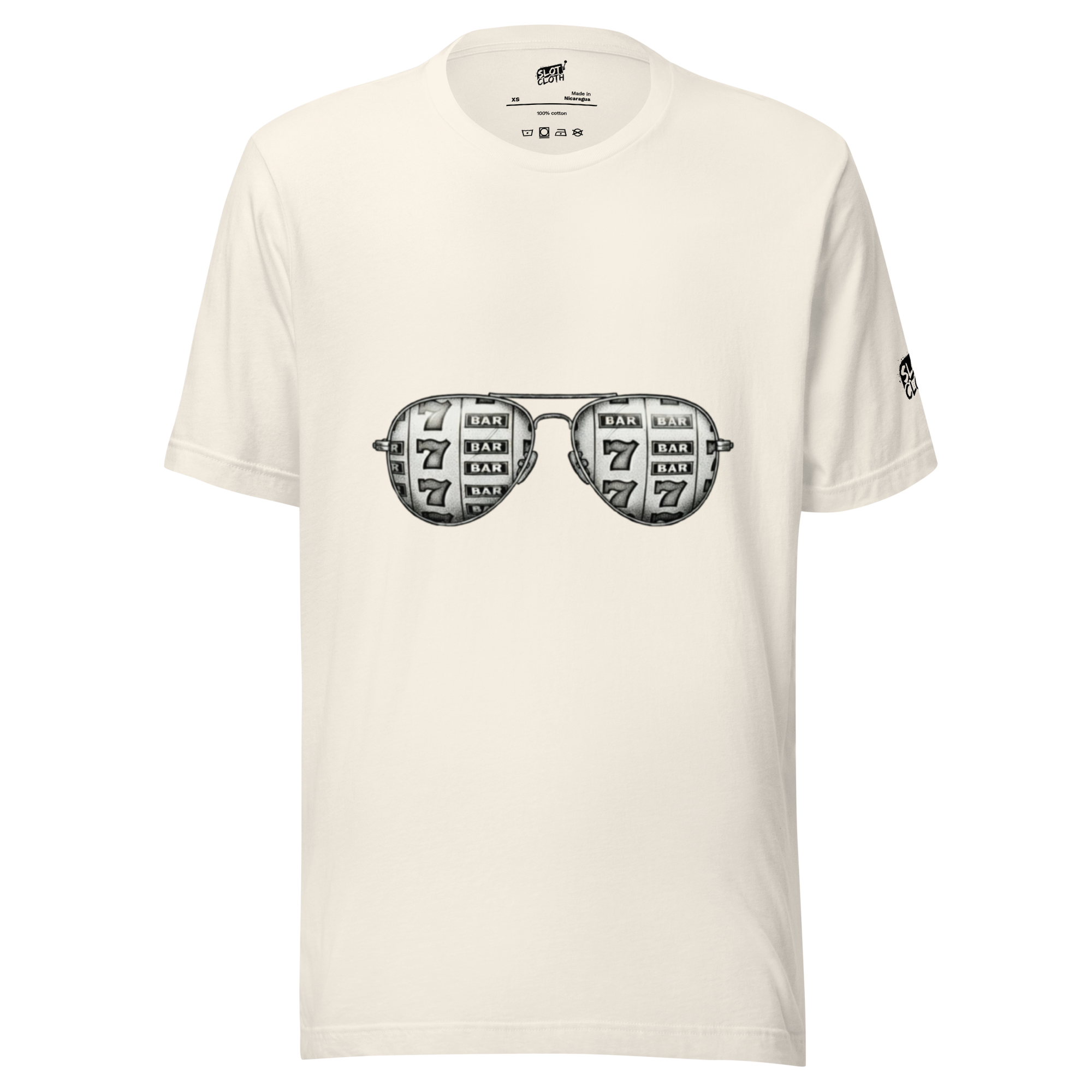 Sunglasses with the reflection of spinning slot machine reels in them