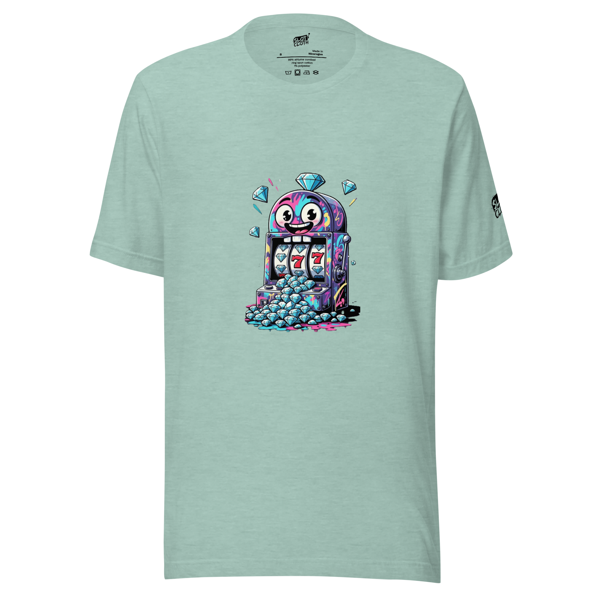 Good Jackpot Collection T-shirt featuring a colorful cartoon slot machine spewing diamonds.