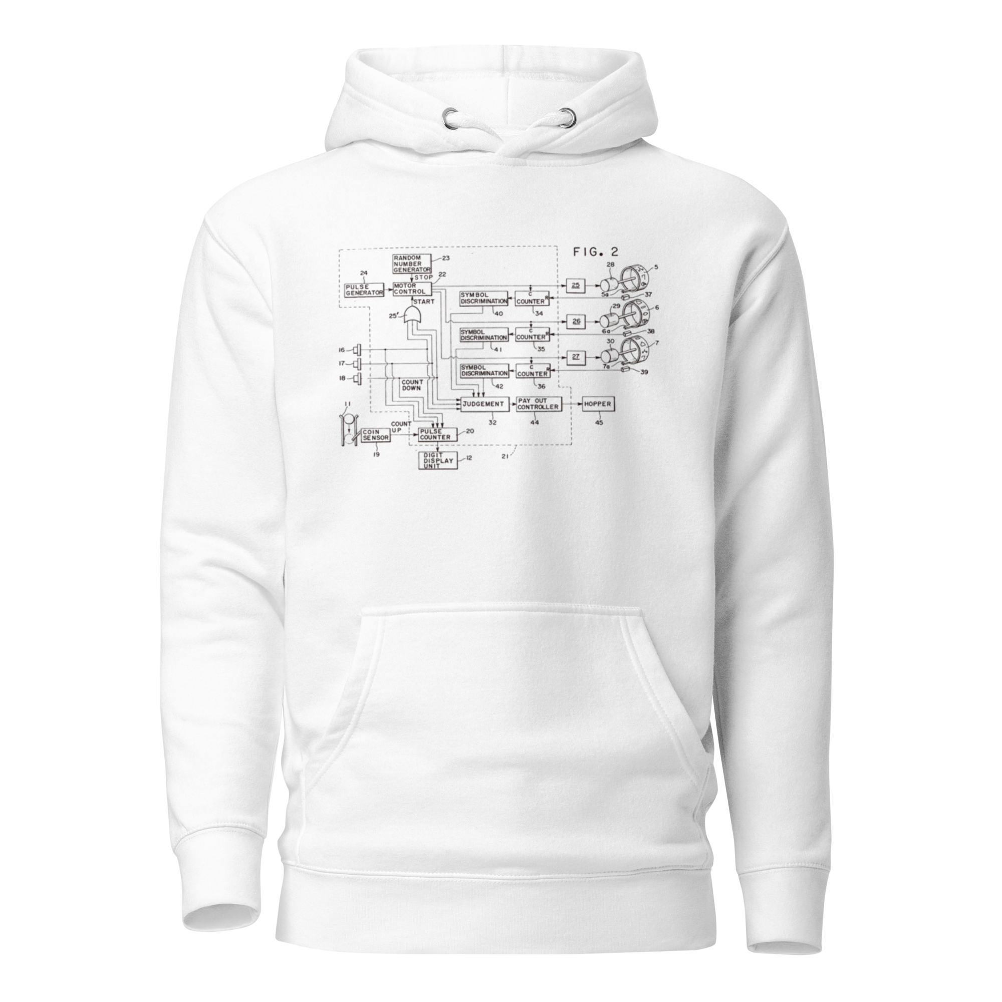 Patent Collection hoodie featuring a patent diagram print for slots super nerds.