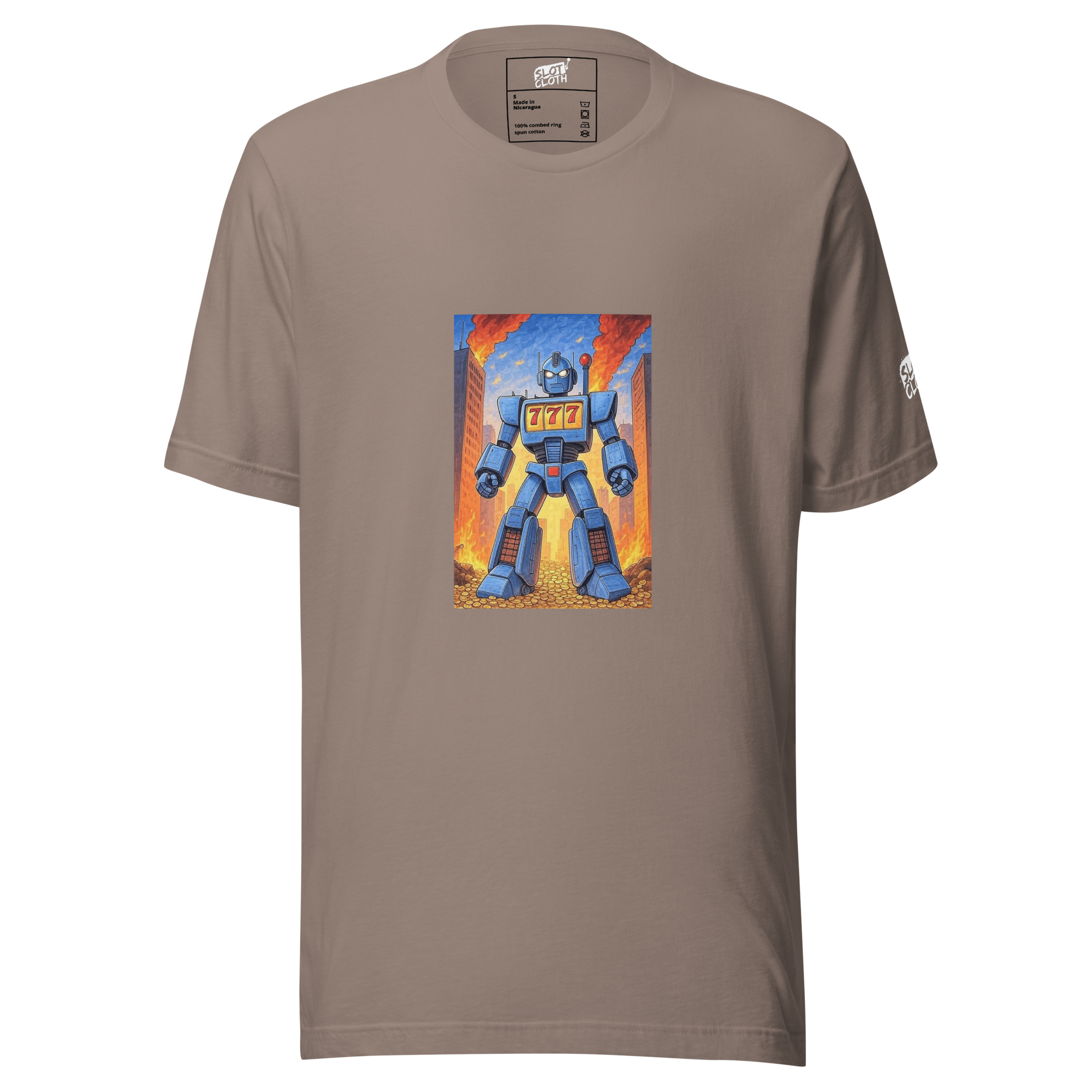 Bad Jackpot Collection tee featuring a blue retro robot with 777 on its chest, flames behind and a city skyline.
