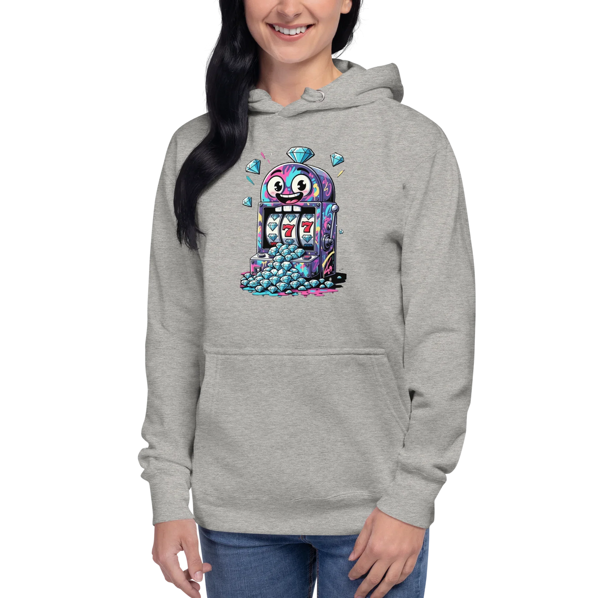 Gray hoodie with colorful slot machine graphic, featuring lucky 7s and diamonds for casino-themed streetwear.
