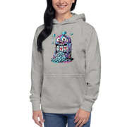Gray hoodie with colorful slot machine graphic, featuring lucky 7s and diamonds for casino-themed streetwear.