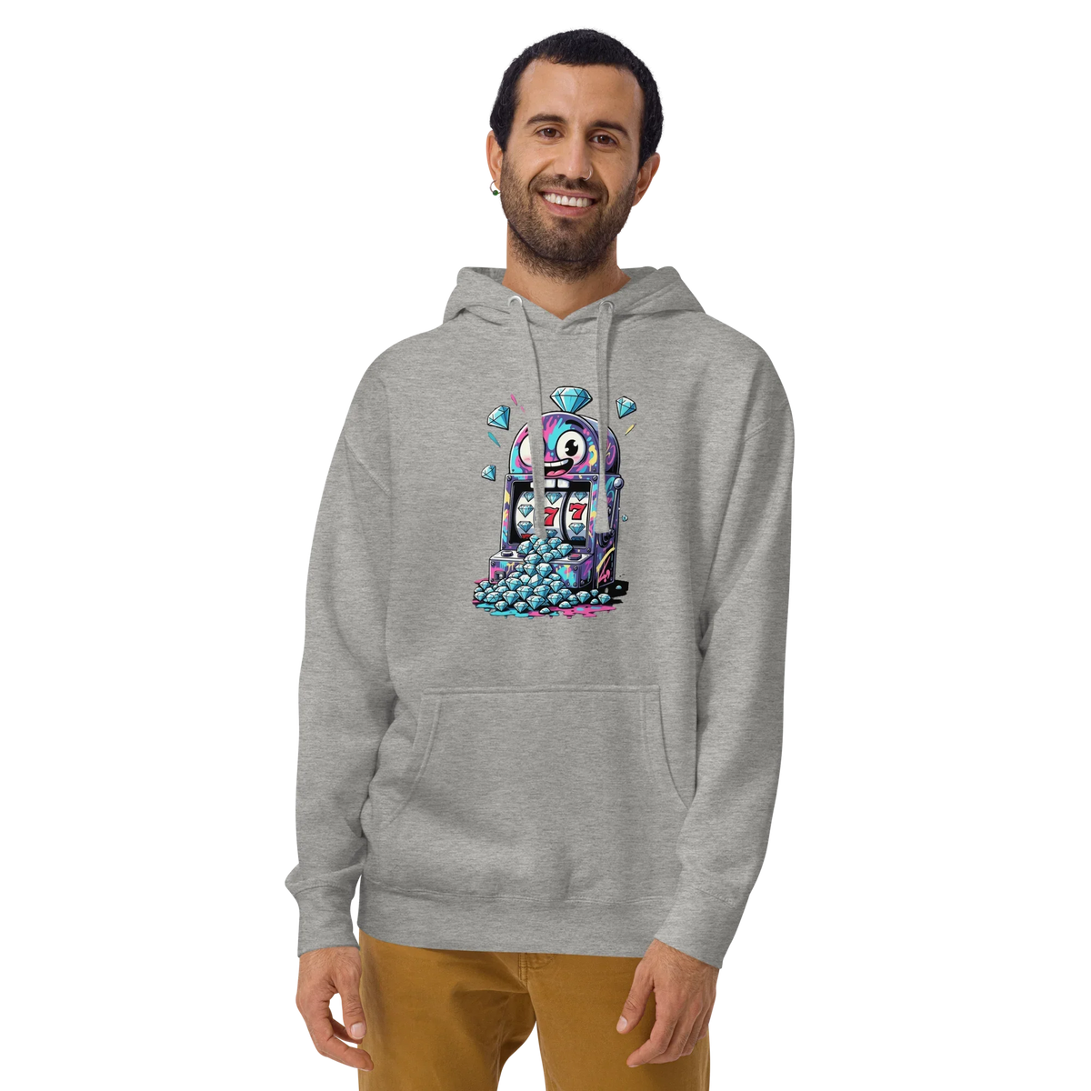 Gray hoodie with quirky slot machine design featuring diamonds and lucky 7s for players