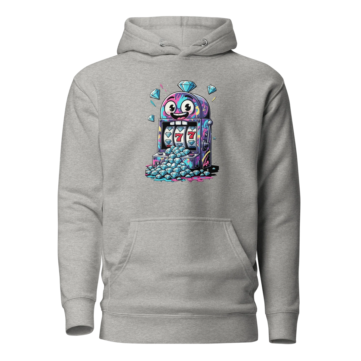 Gray hoodie with quirky slot machine design featuring lucky 7s and diamonds