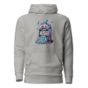 Gray hoodie with quirky slot machine design featuring lucky 7s and diamonds