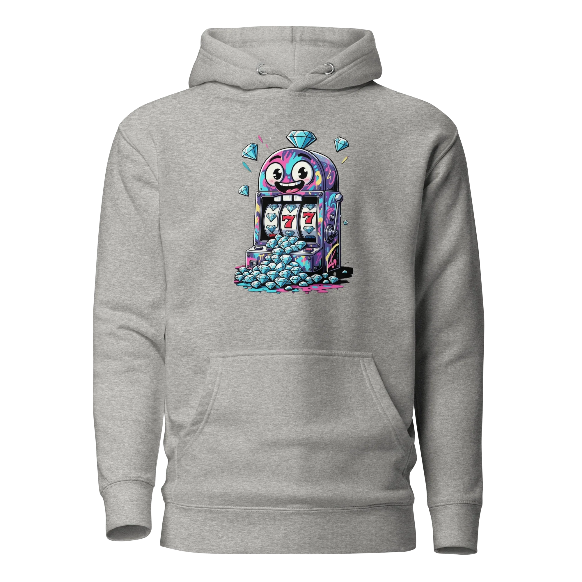 Gray hoodie with quirky slot machine design featuring lucky 7s and diamonds