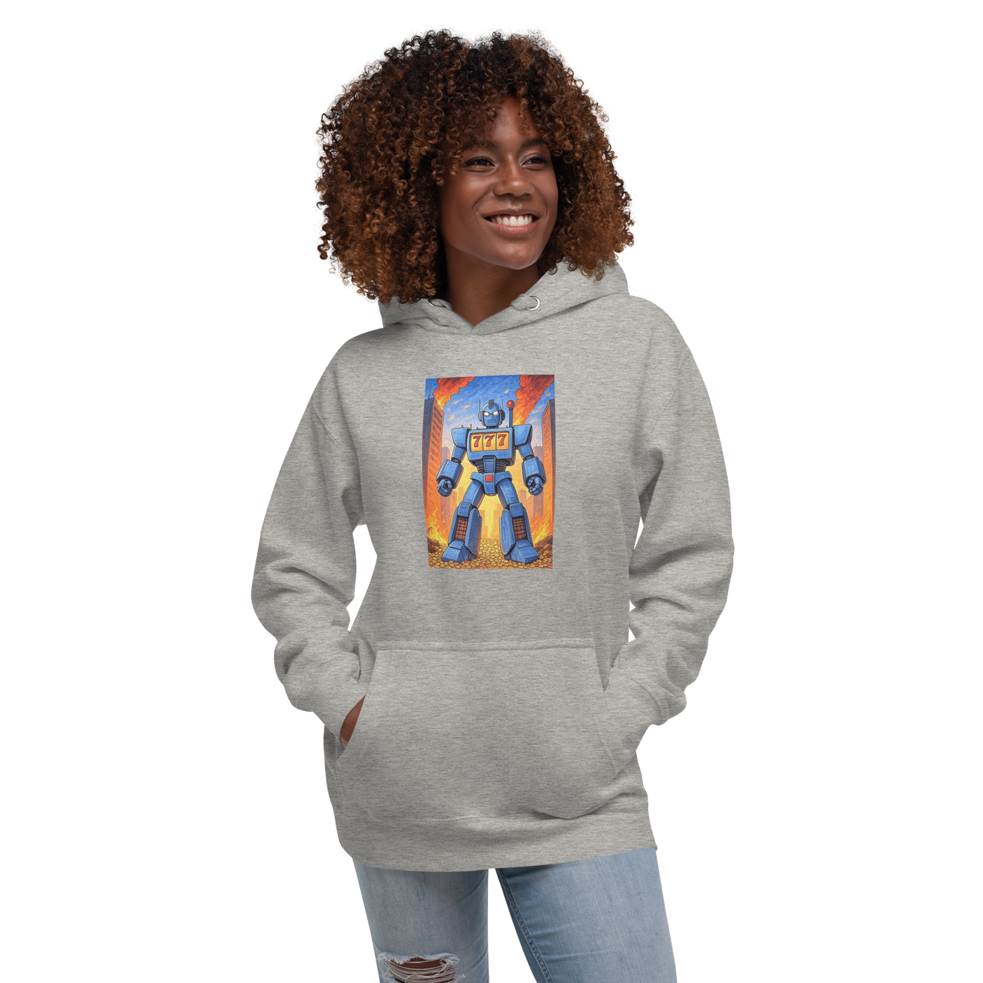 Gray hoodie with blue robot slot machine graphic, 777 design, for slot lovers and gaming fans