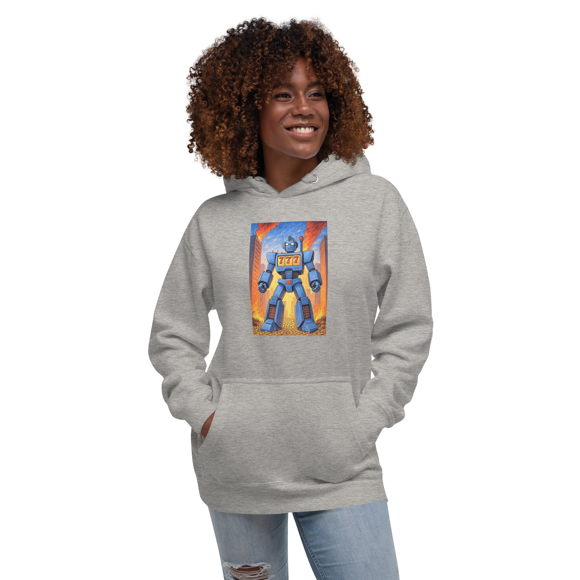 Gray hoodie with blue robot slot machine graphic, 777 design, for slot lovers and gaming fans