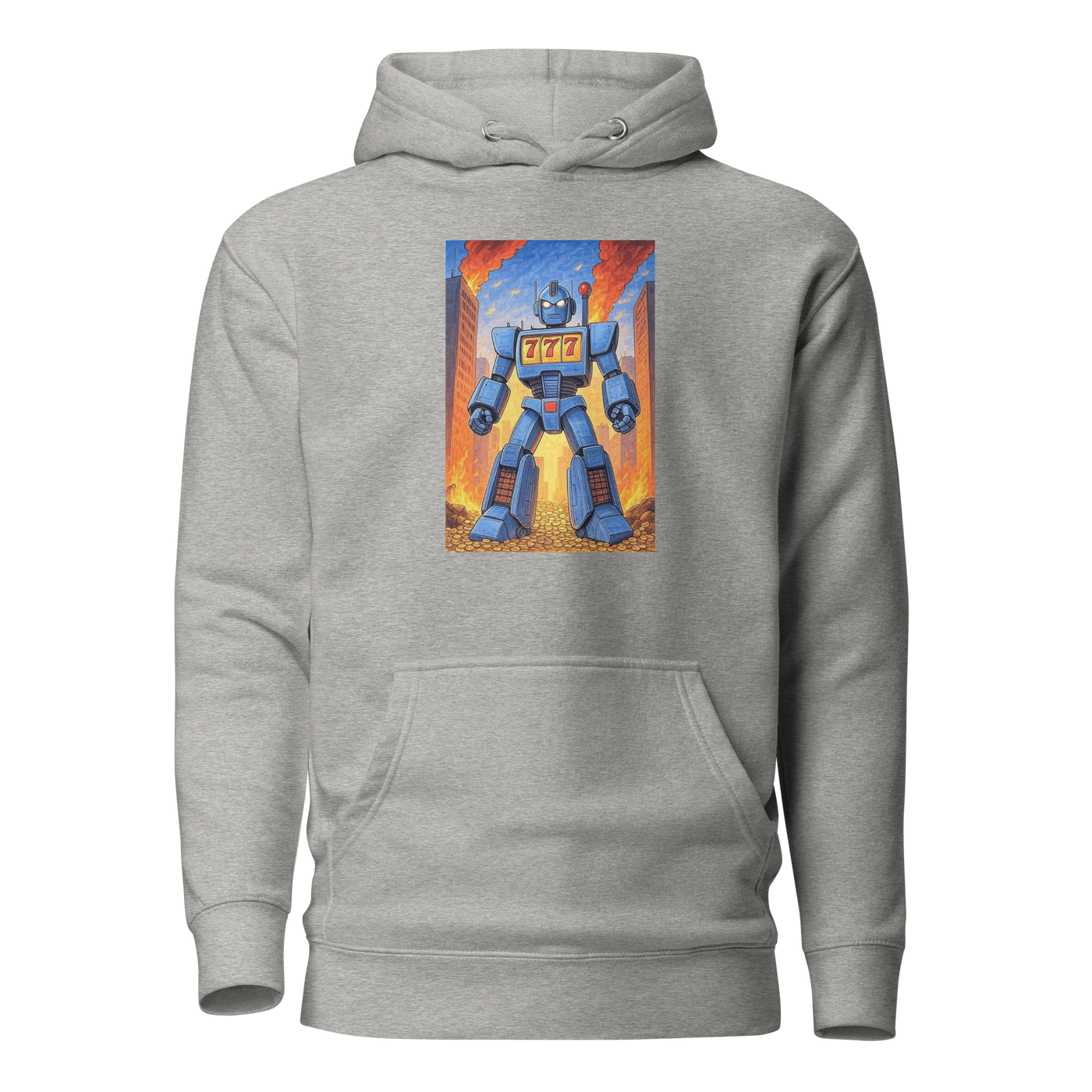 Gray hoodie with blue robot design featuring 777, perfect for slot-themed fashion lovers