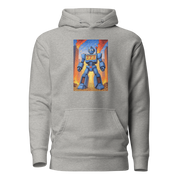 Gray hoodie with blue robot design featuring 777, perfect for slot-themed fashion lovers