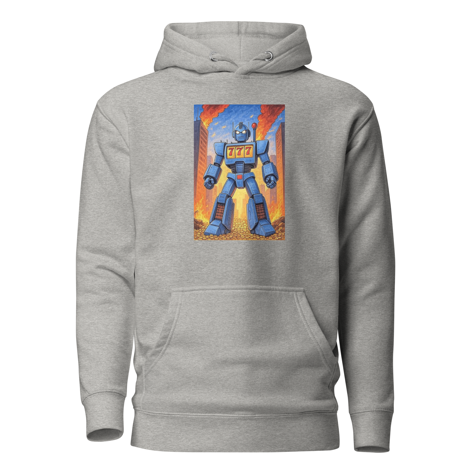 Gray hoodie with blue robot design featuring 777, perfect for slot-themed fashion lovers