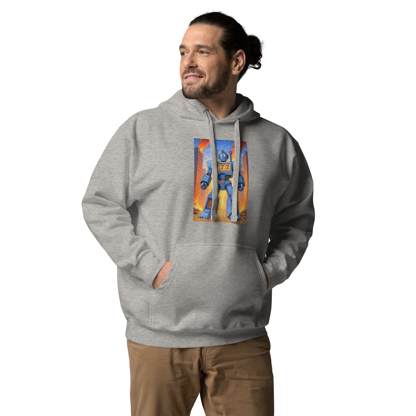 Gray hoodie with blue robot and 777 slot design, quirky gaming apparel for players