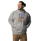 Gray hoodie with blue robot and 777 slot design, quirky gaming apparel for players