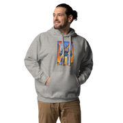 Gray hoodie with blue robot and 777 slot design, quirky gaming apparel for players