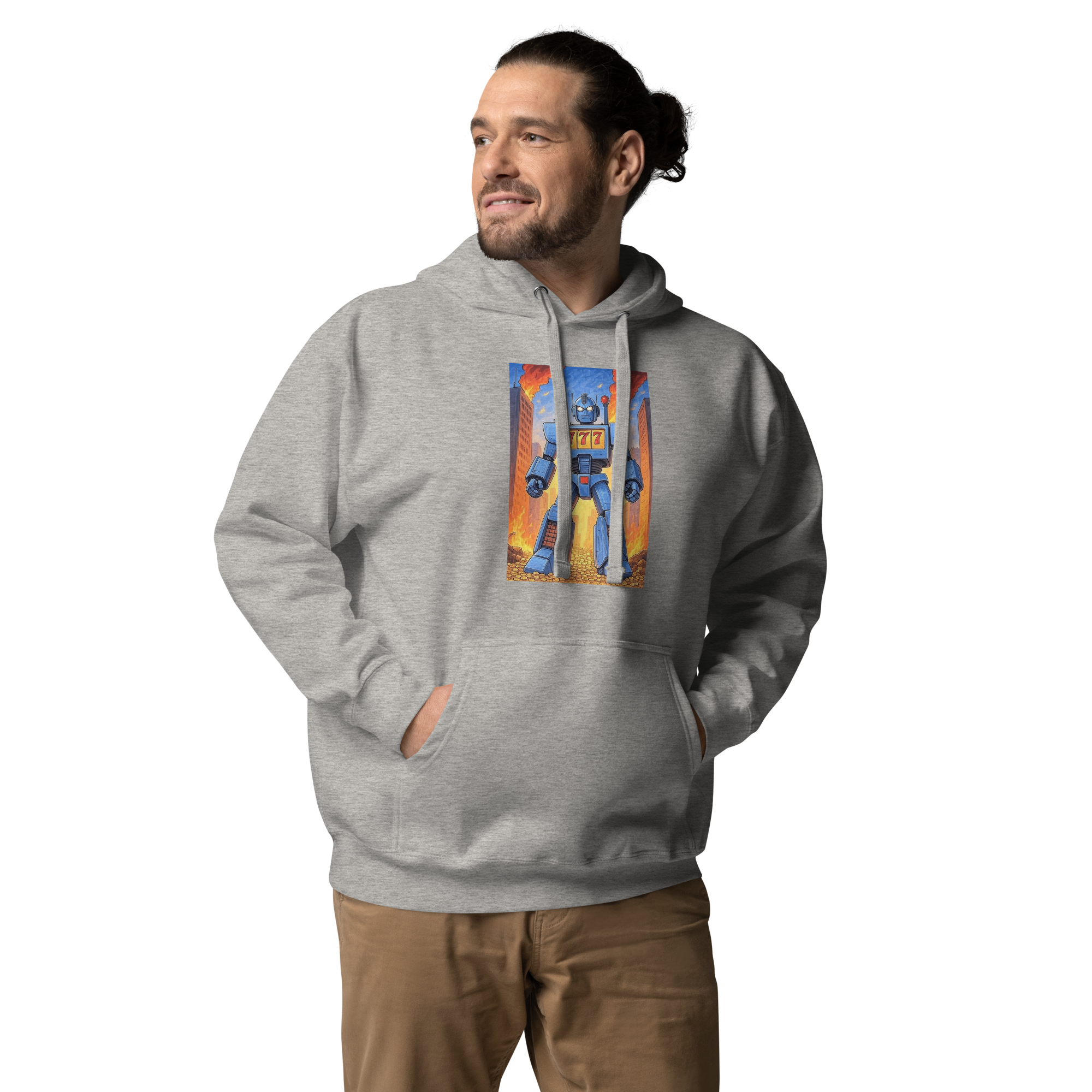 Gray hoodie with blue robot and 777 slot design, quirky gaming apparel for players