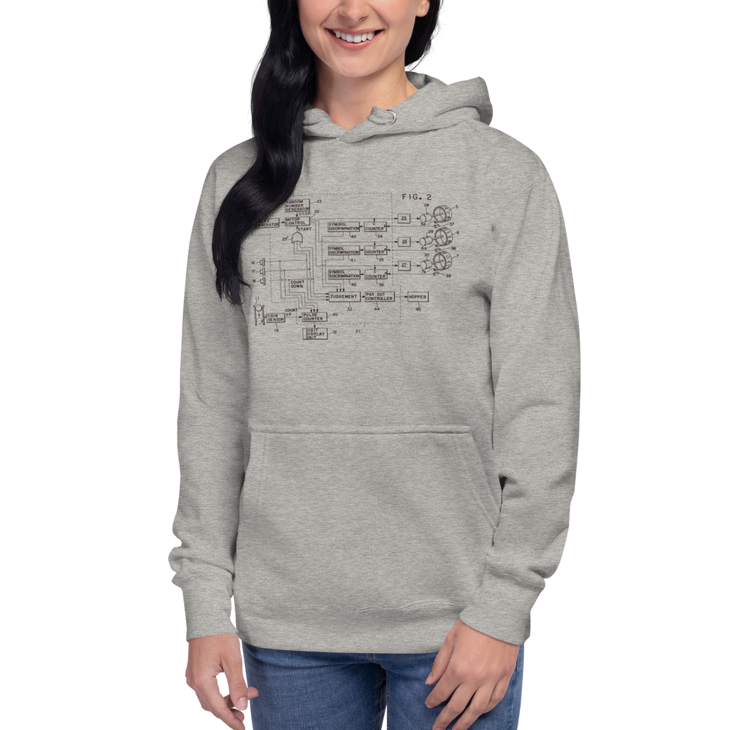 Woman wearing gray hoodie with slot machine schematic diagram, quirky gaming apparel for players