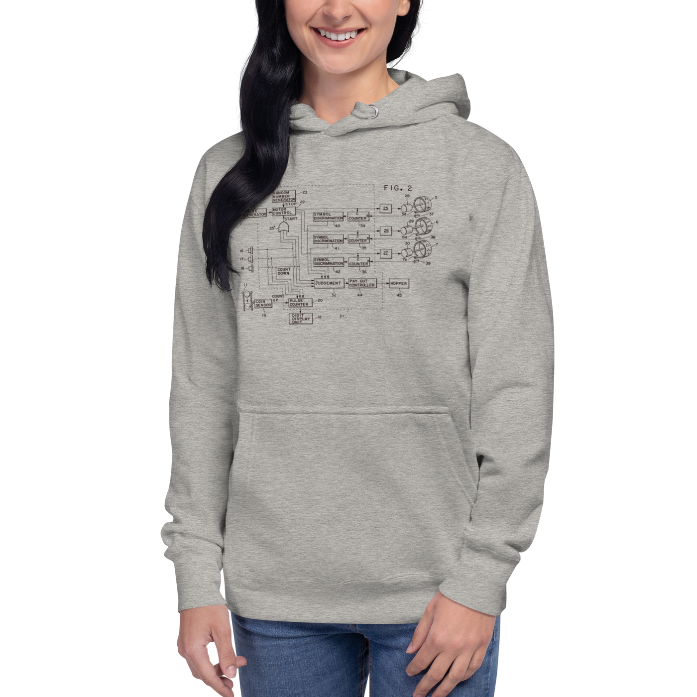 Woman wearing gray hoodie with slot machine schematic diagram, quirky gaming apparel for players