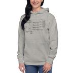 Woman wearing gray hoodie with slot machine schematic diagram, quirky gaming apparel for players