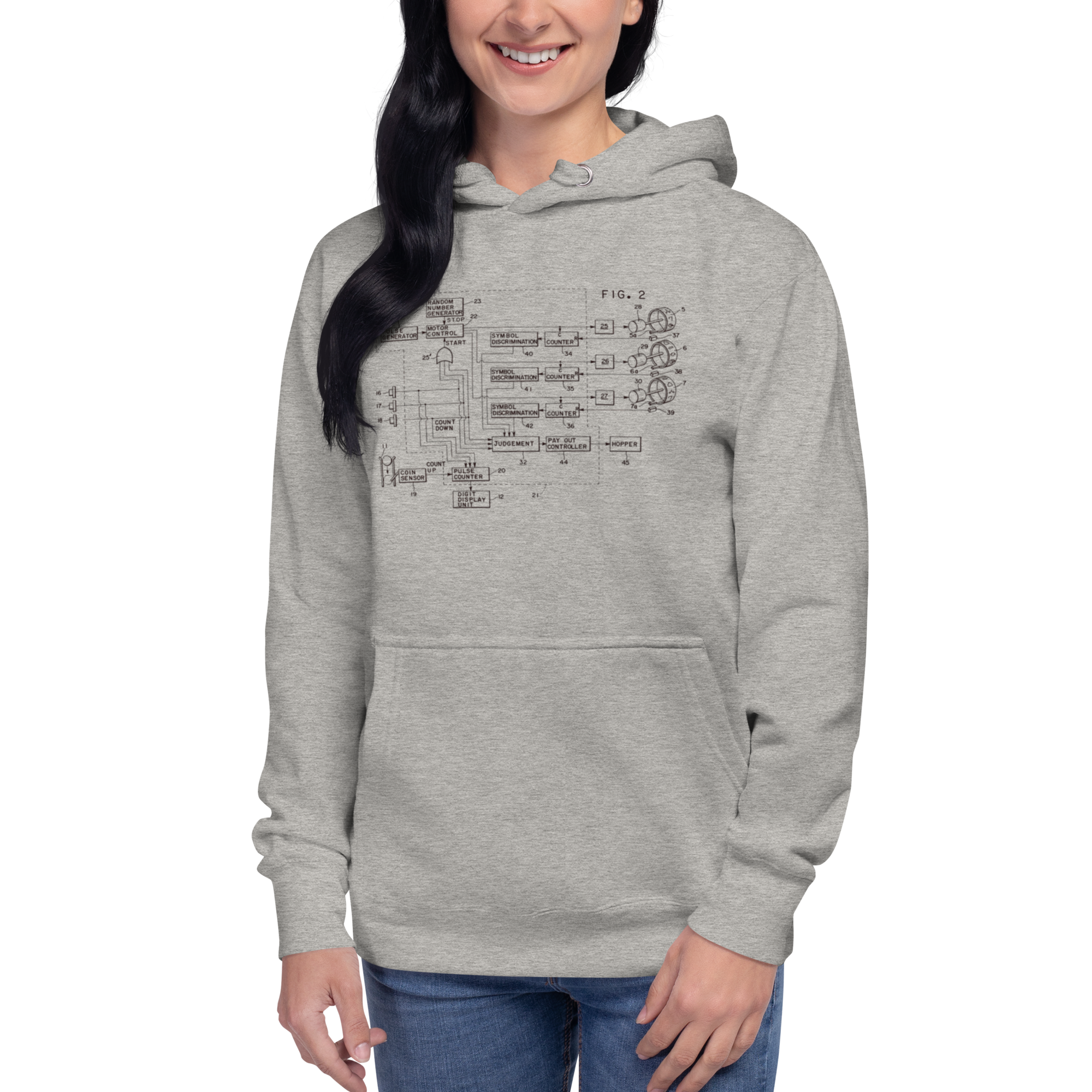 Woman wearing gray hoodie with slot machine schematic diagram, quirky gaming apparel for players