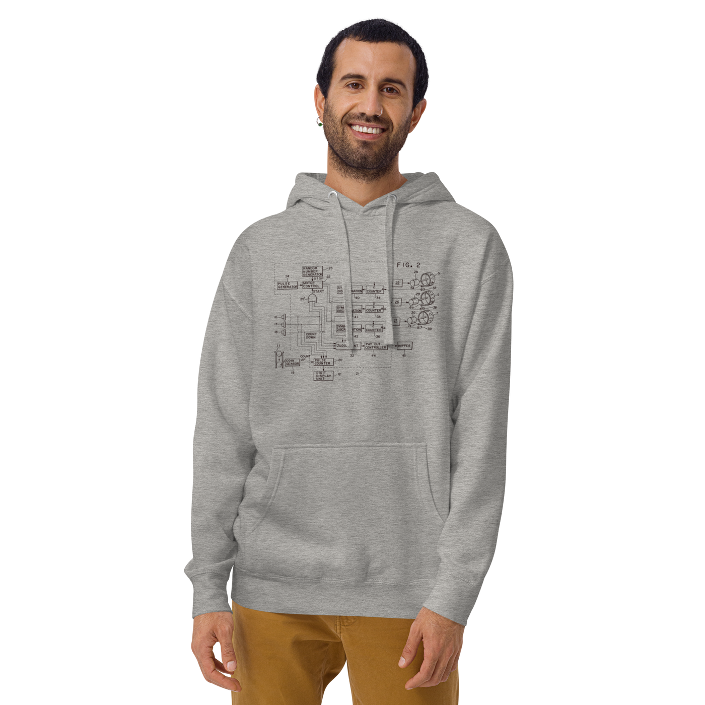 Gray hoodie with slot machine circuit diagram design for gaming enthusiasts