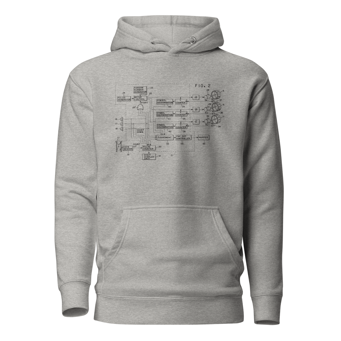 Gray hoodie with slot machine schematic design, quirky gaming apparel for players