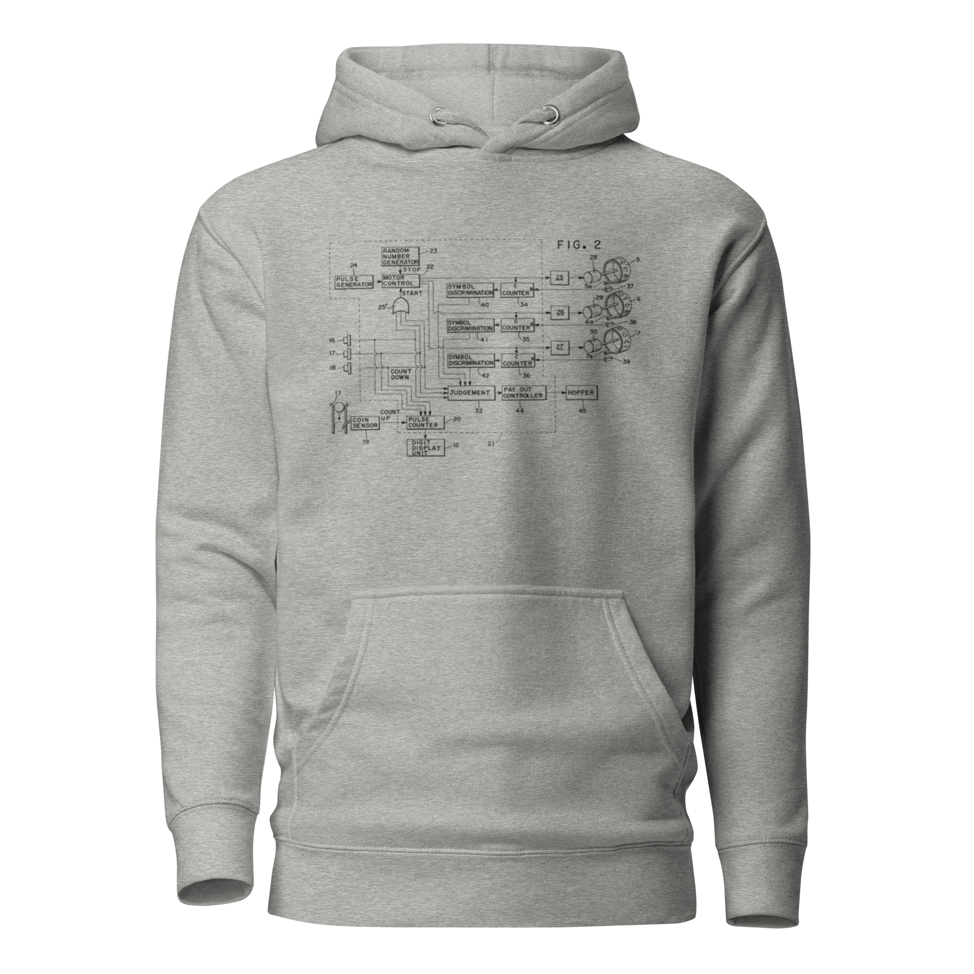 Gray hoodie with slot machine schematic design, quirky gaming apparel for players