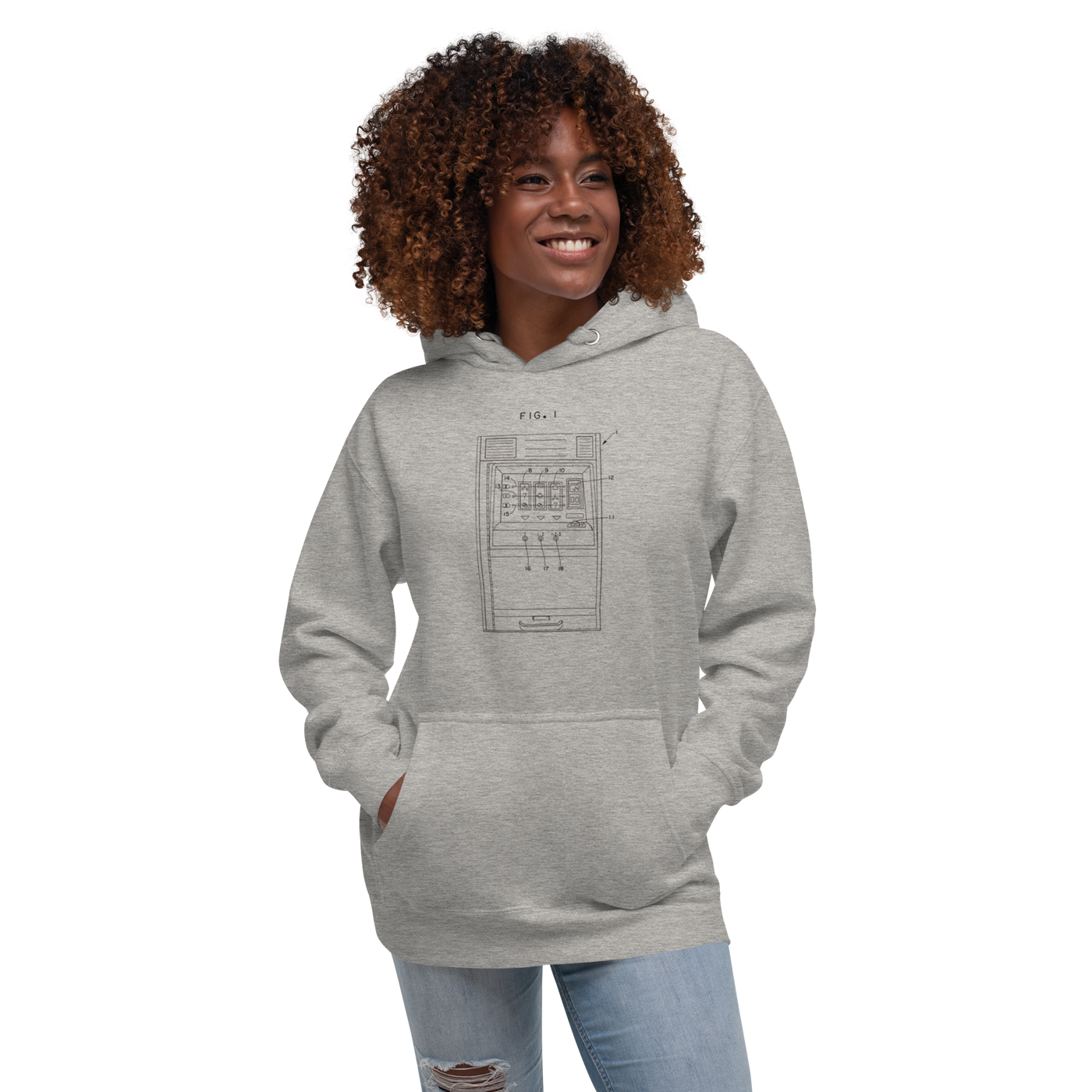 Woman wearing gray hoodie with slot machine patent diagram design, quirky gaming apparel