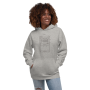Woman wearing gray hoodie with slot machine patent diagram design, quirky gaming apparel