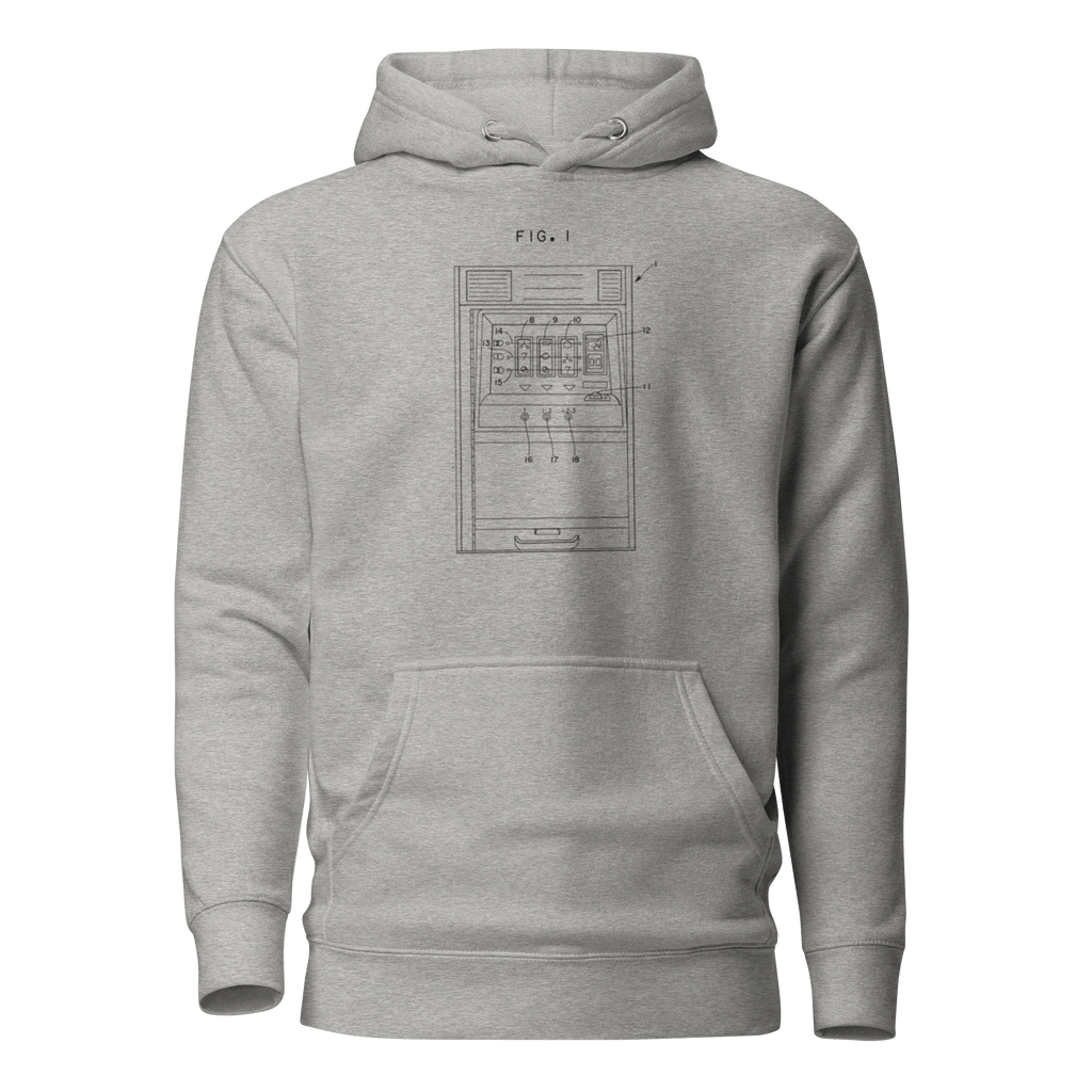 Gray hoodie with slot machine patent diagram design, FIG. 1, for players and pros