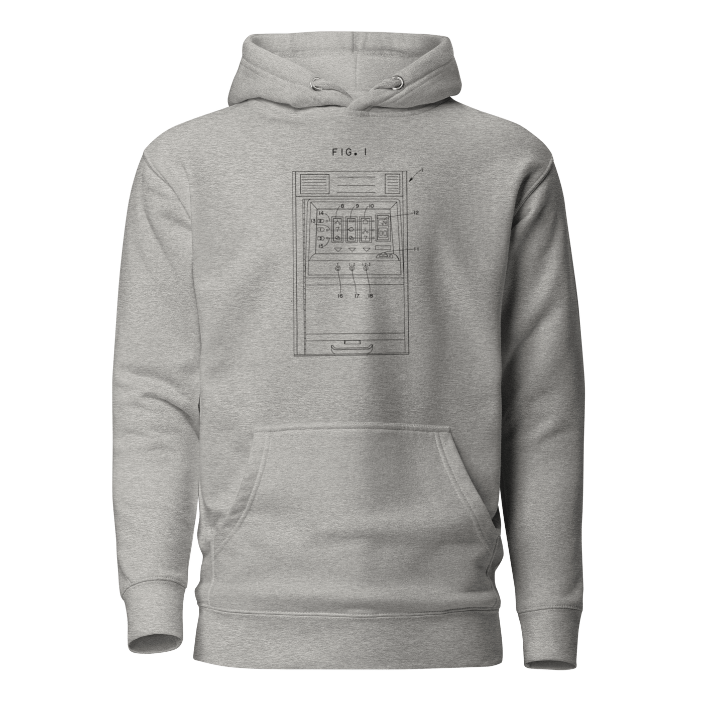 Gray hoodie with slot machine patent diagram design, FIG. 1, for players and pros