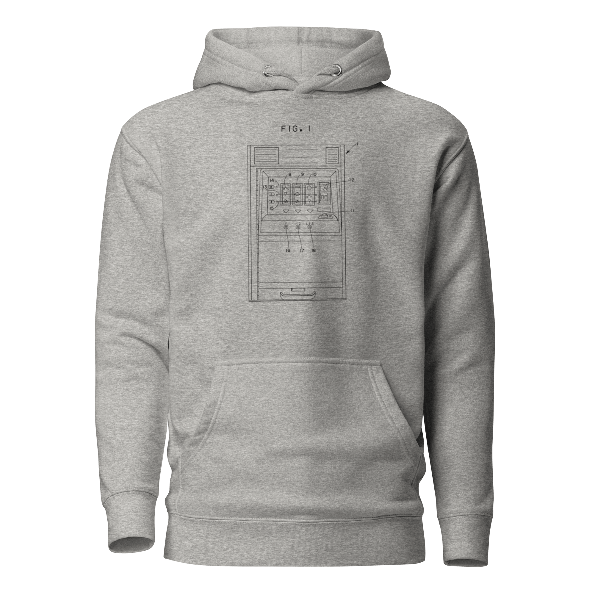 Gray hoodie with slot machine patent diagram design, FIG. 1, for players and pros