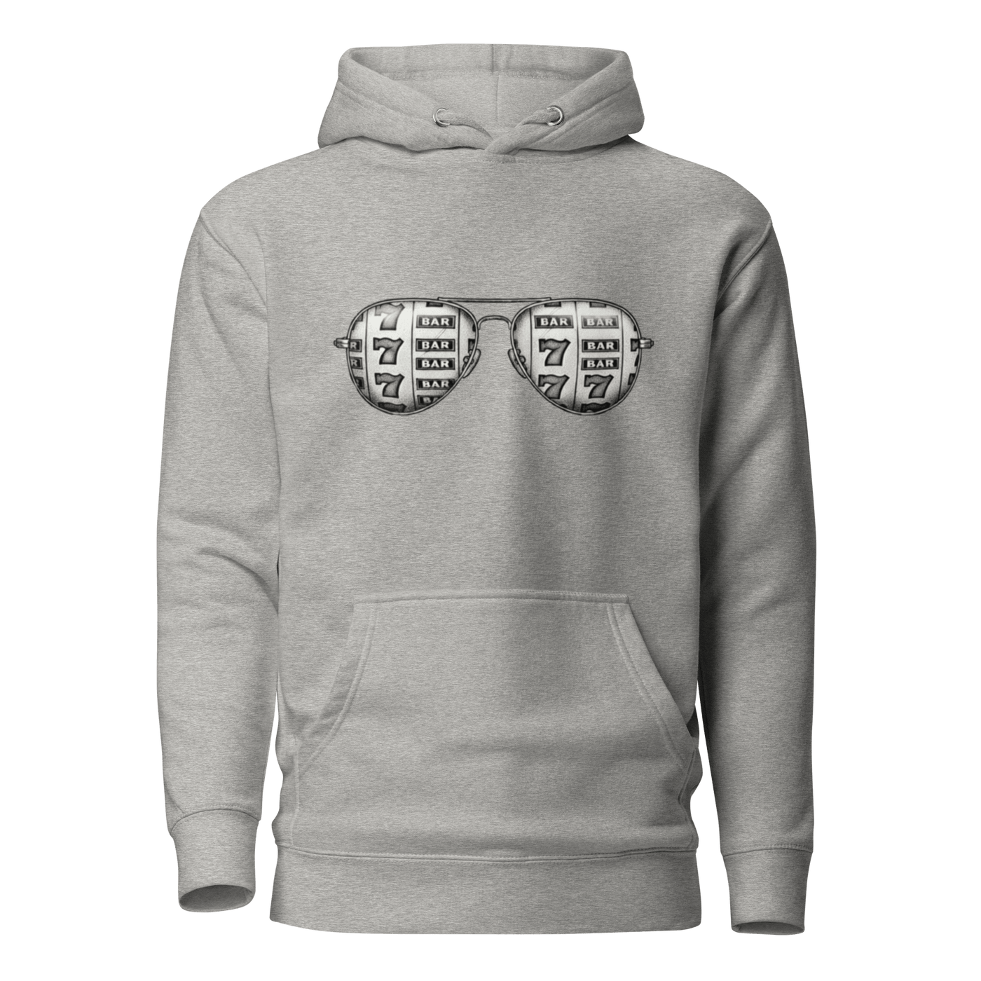 Gray hoodie with slot machine-themed aviator glasses design, featuring 7s and BAR symbols