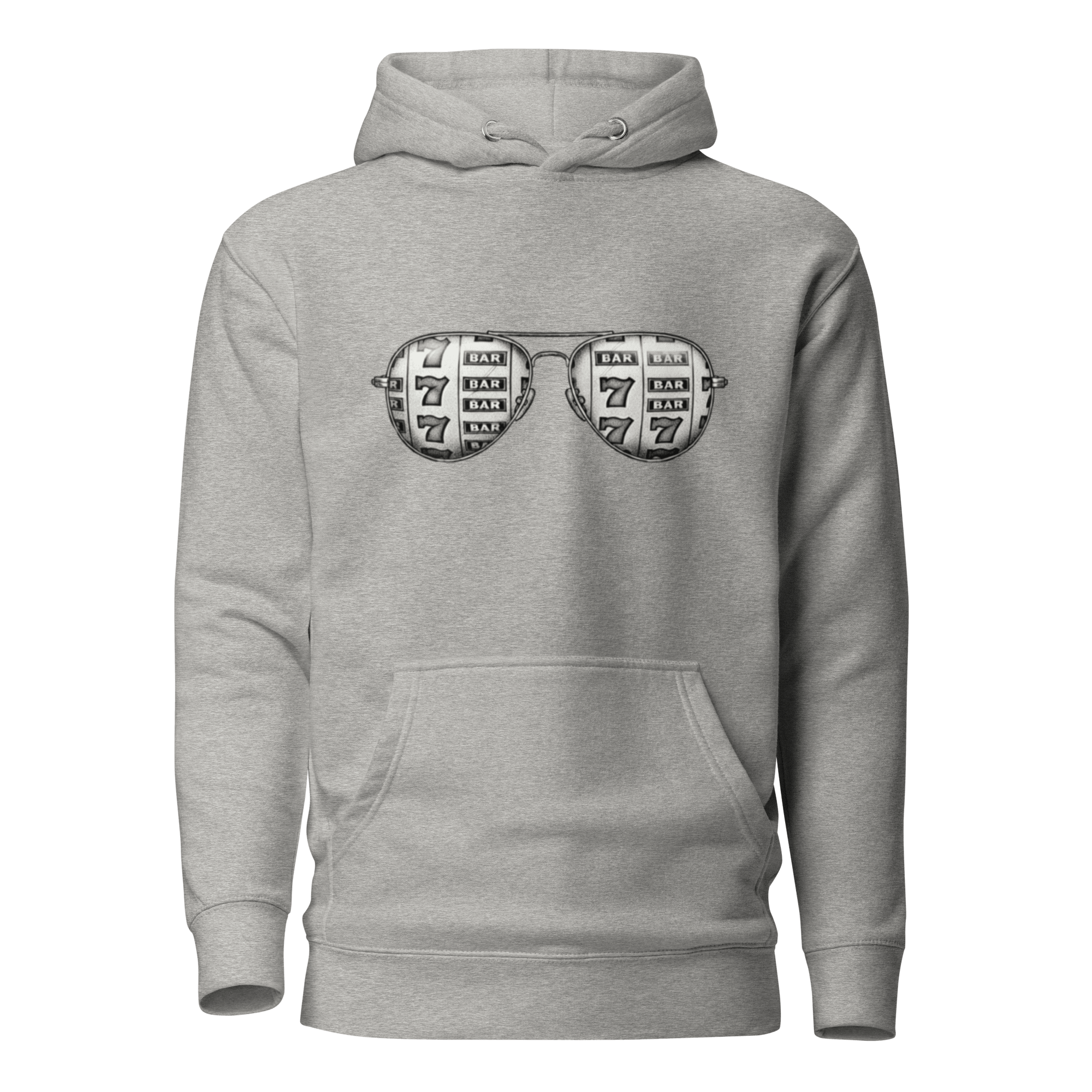 Gray hoodie with slot machine-themed aviator glasses design, featuring 7s and BAR symbols