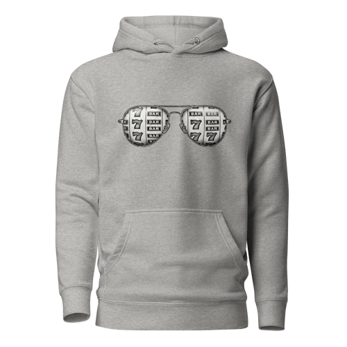 Gray hoodie with slot machine-themed aviator glasses design, featuring 7s and BAR symbols