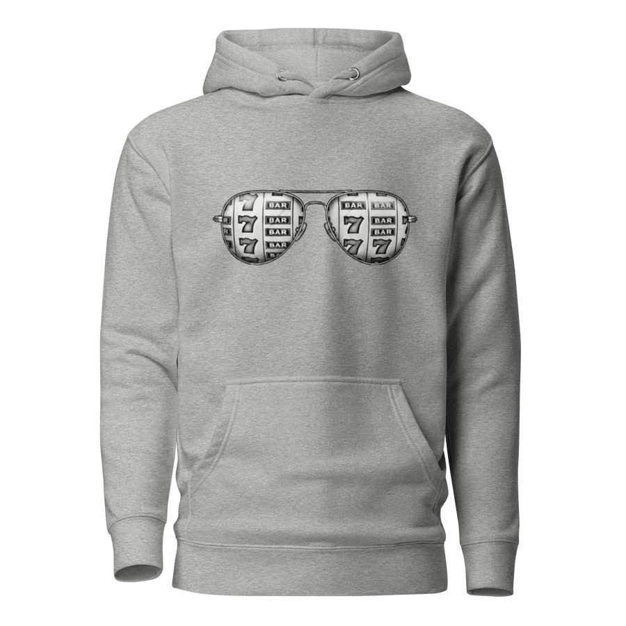Gray hoodie with slot machine-themed aviator glasses design, featuring 7s and BAR symbols