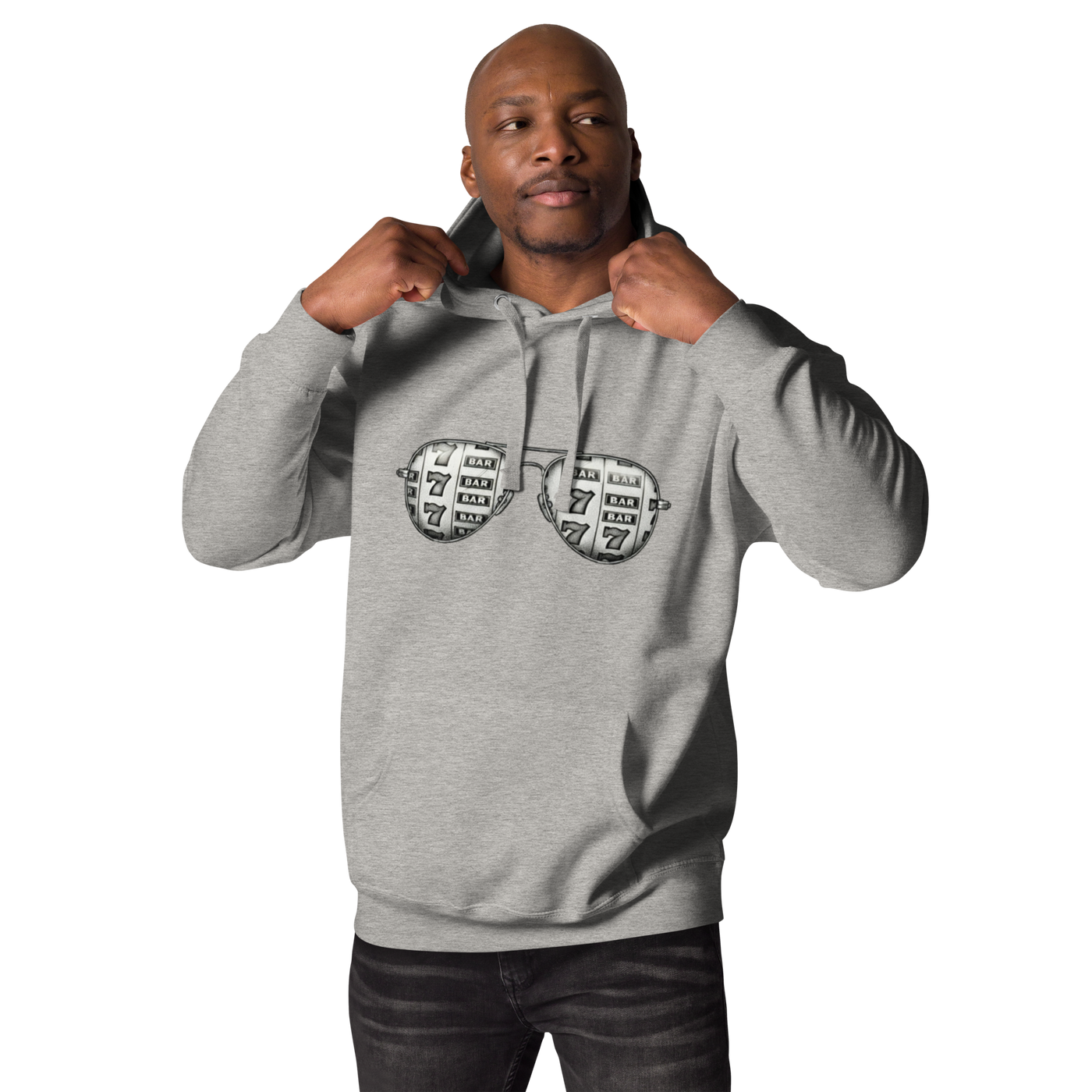 Gray hoodie with slot machine sunglasses design for casino lovers