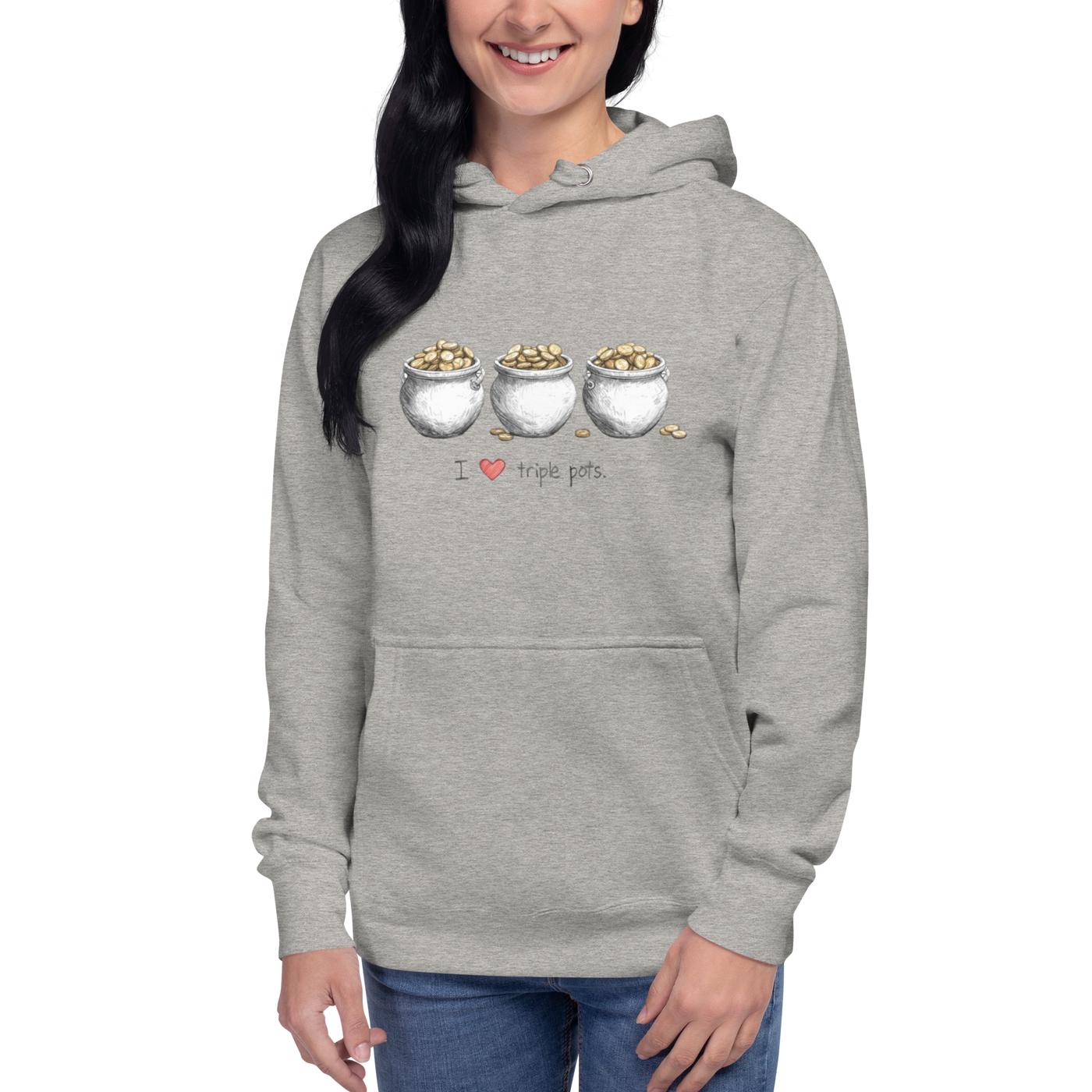 Gray hoodie with three pots of gold design, 'I ❤️ triple pots' text, slot-themed apparel