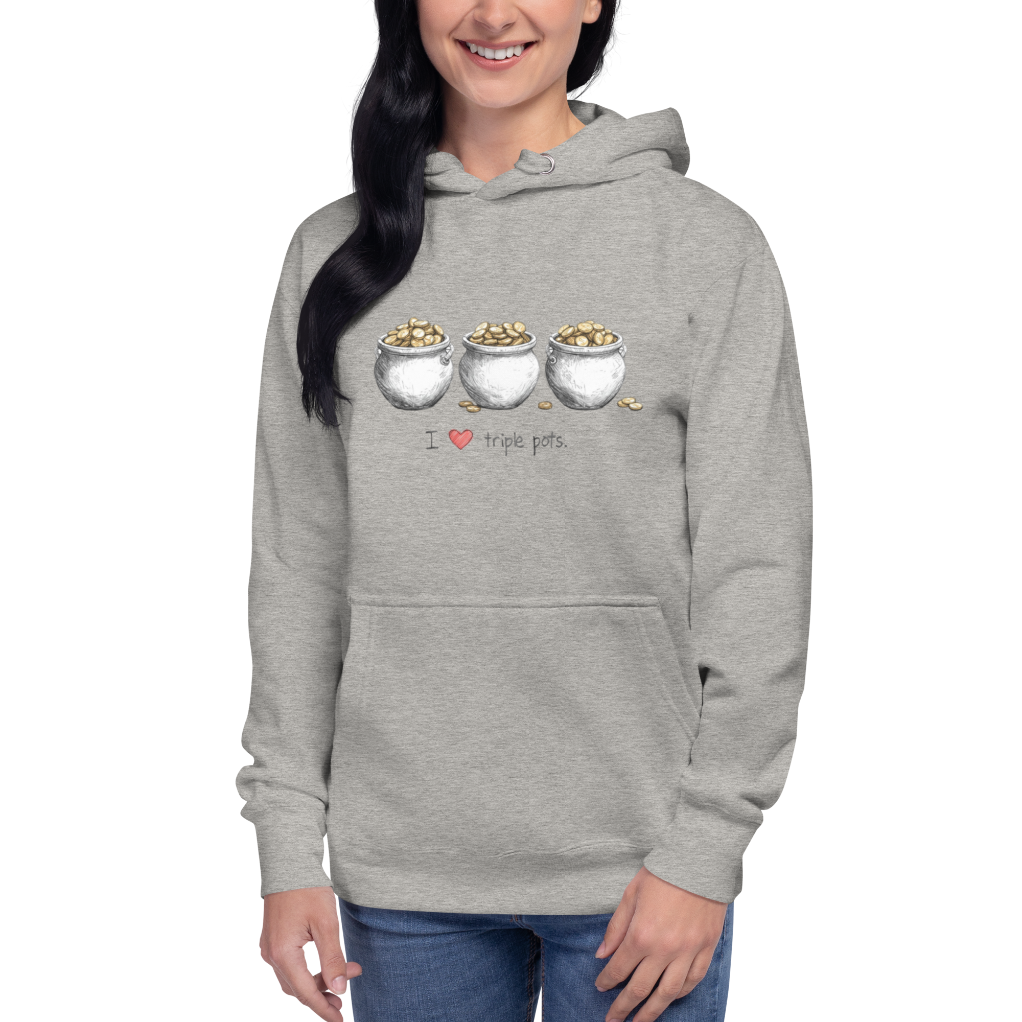 Gray hoodie with three pots of gold design, 'I ❤️ triple pots' text, slot-themed apparel