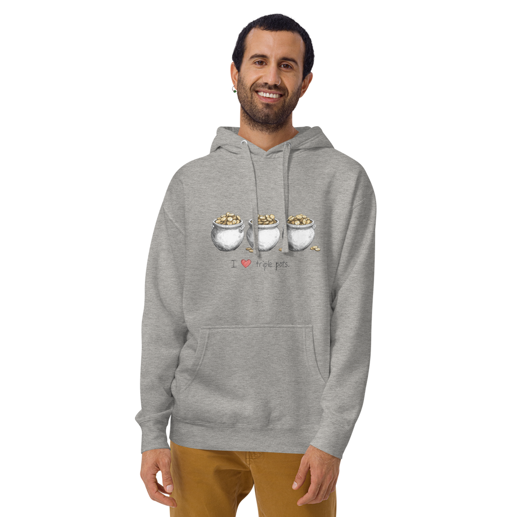 Gray hoodie with 'I ❤️ triple pots' and three pots of gold design, perfect for slot enthusiasts.