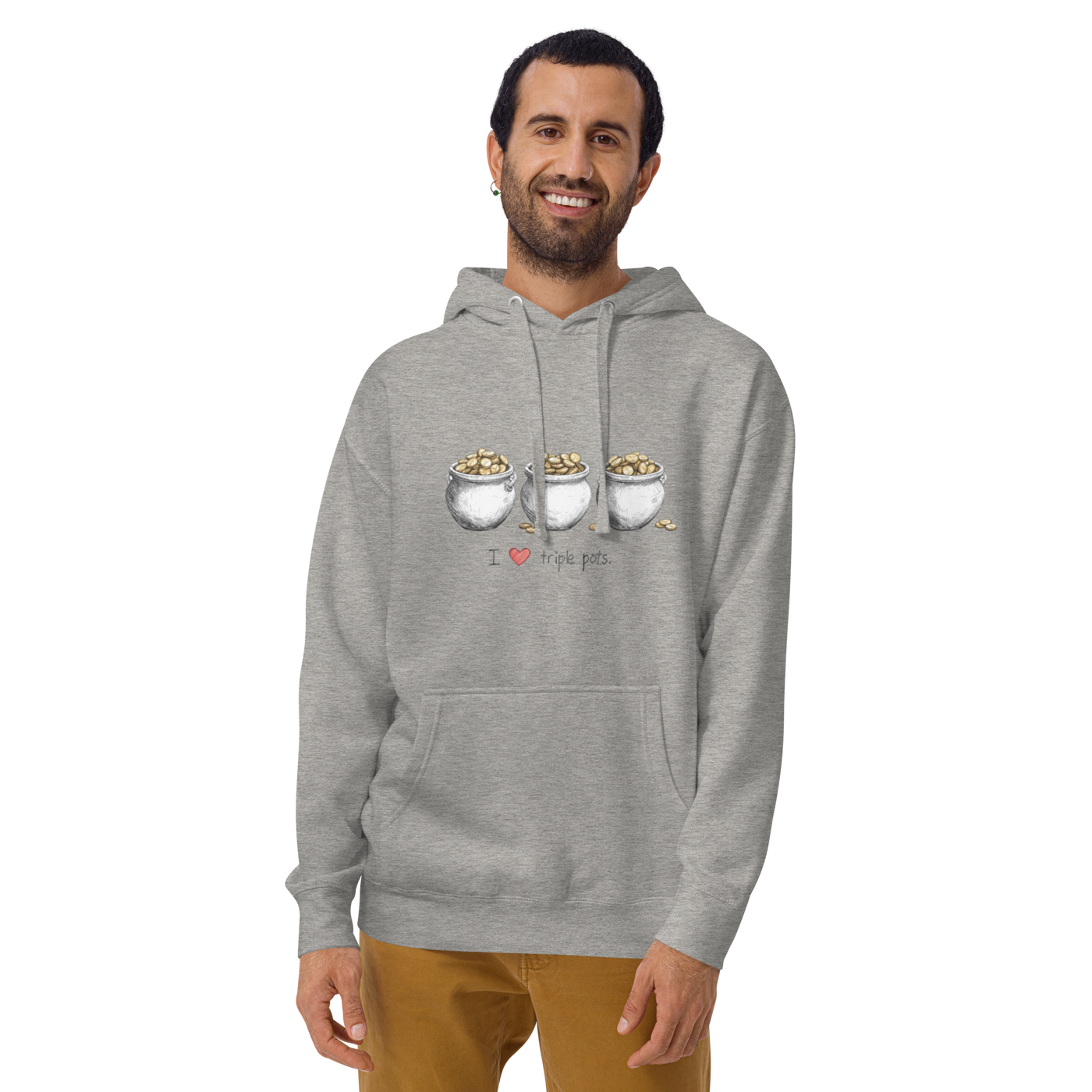 Gray hoodie with 'I ❤️ triple pots' and three pots of gold design, perfect for slot enthusiasts.