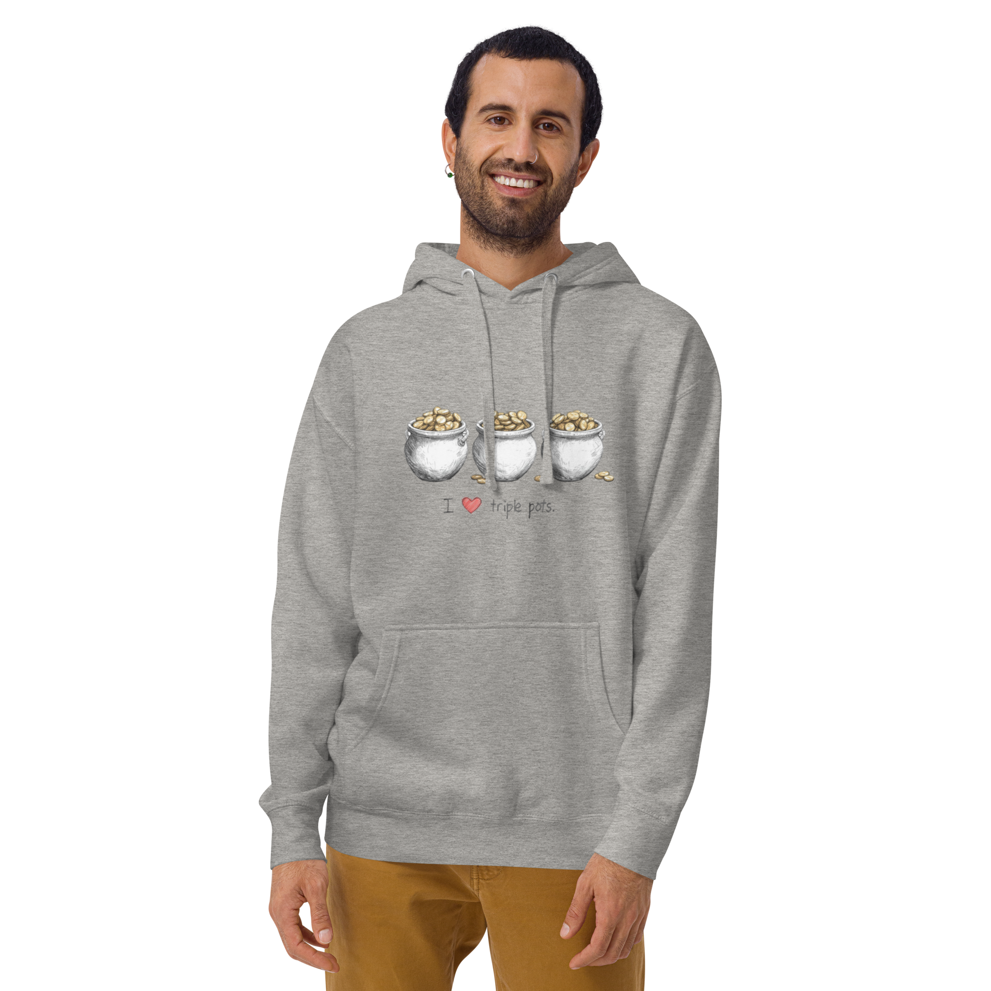 Gray hoodie with 'I ❤️ triple pots' and three pots of gold design, perfect for slot enthusiasts.