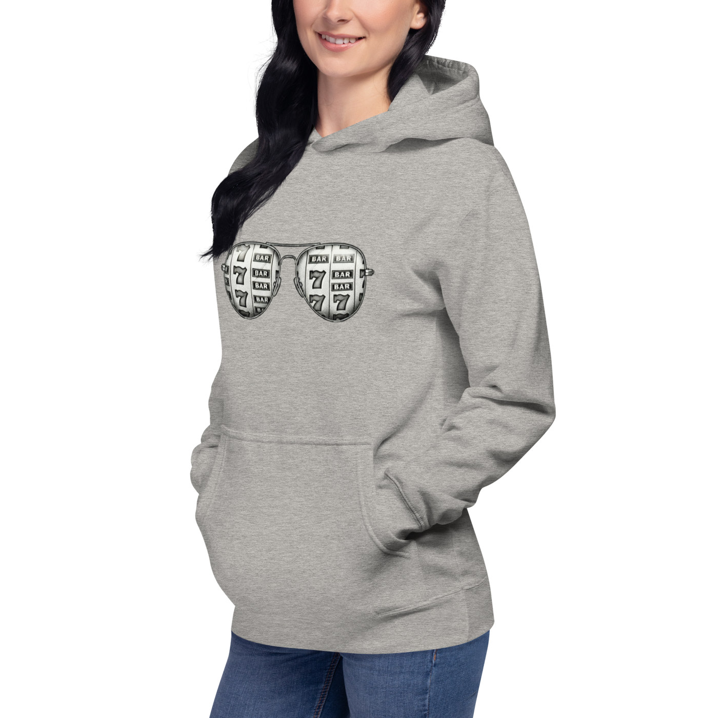 Gray hoodie with slot machine-themed sunglasses design for quirky casino fashion
