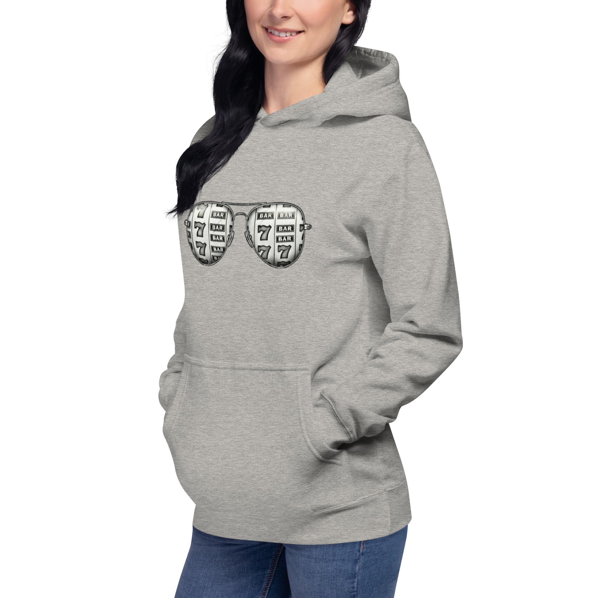 Gray hoodie with slot machine-themed sunglasses design for quirky casino fashion