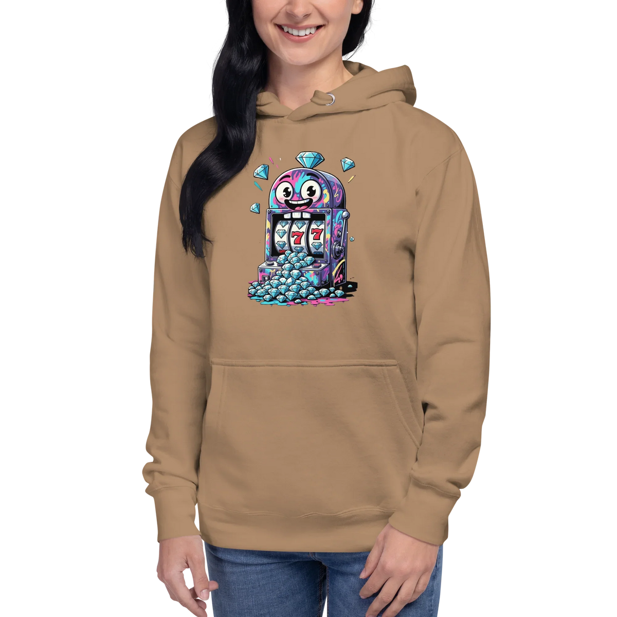 Tan hoodie with colorful slot machine graphic, featuring lucky 7s and diamonds, perfect for casino fans.
