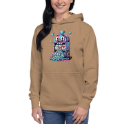 Tan hoodie with colorful slot machine graphic, featuring lucky 7s and diamonds, perfect for casino fans.