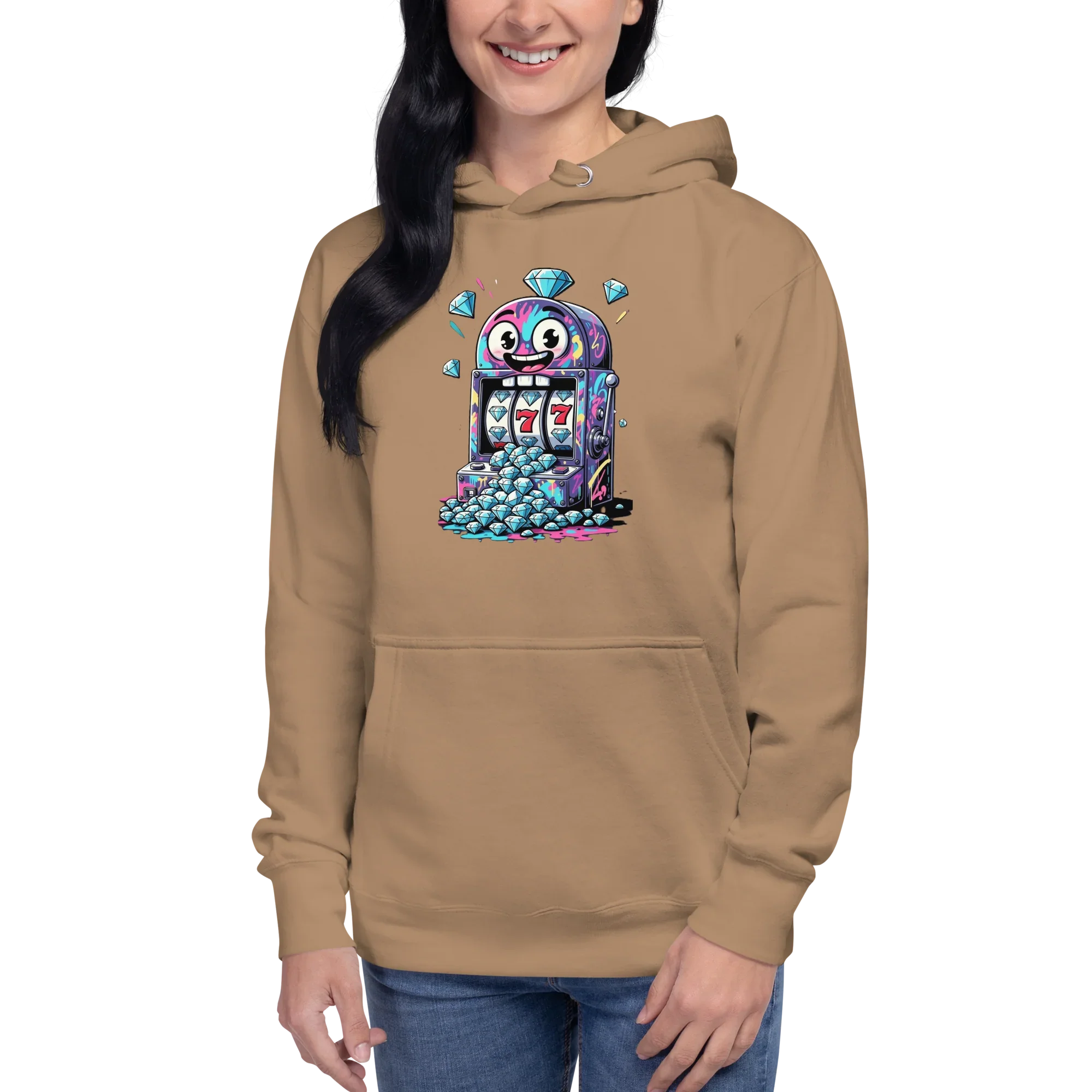 Tan hoodie with colorful slot machine graphic, featuring lucky 7s and diamonds, perfect for casino fans.