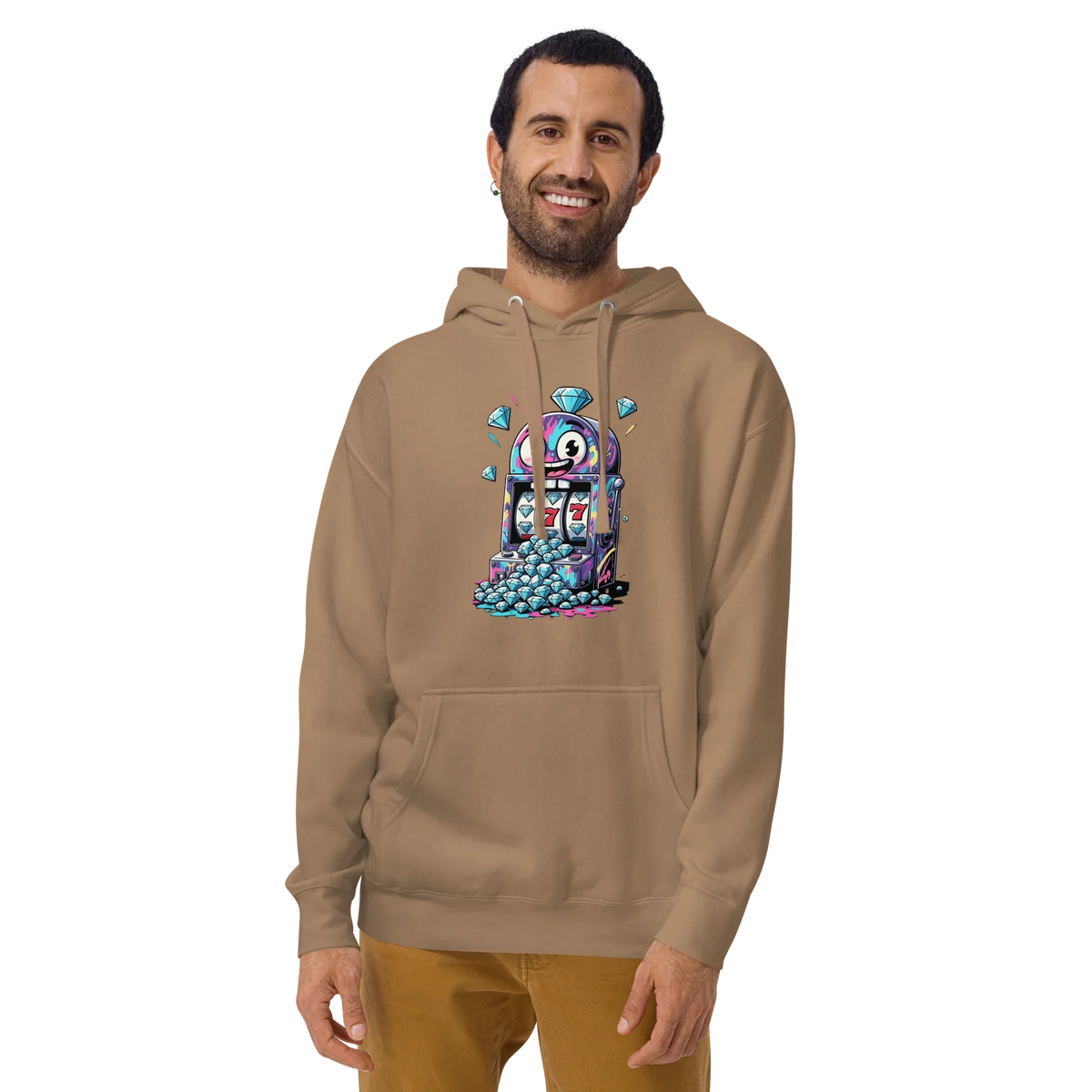 Tan hoodie with quirky slot machine graphic, colorful 777 design, diamond accents for casino fans