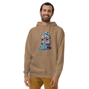 Tan hoodie with quirky slot machine graphic, colorful 777 design, diamond accents for casino fans