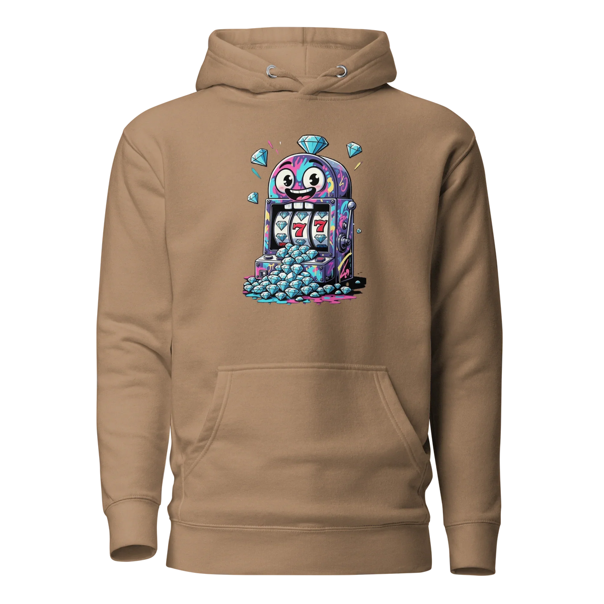 Tan hoodie with colorful slot machine graphic, diamonds, and lucky 7s for casino fans